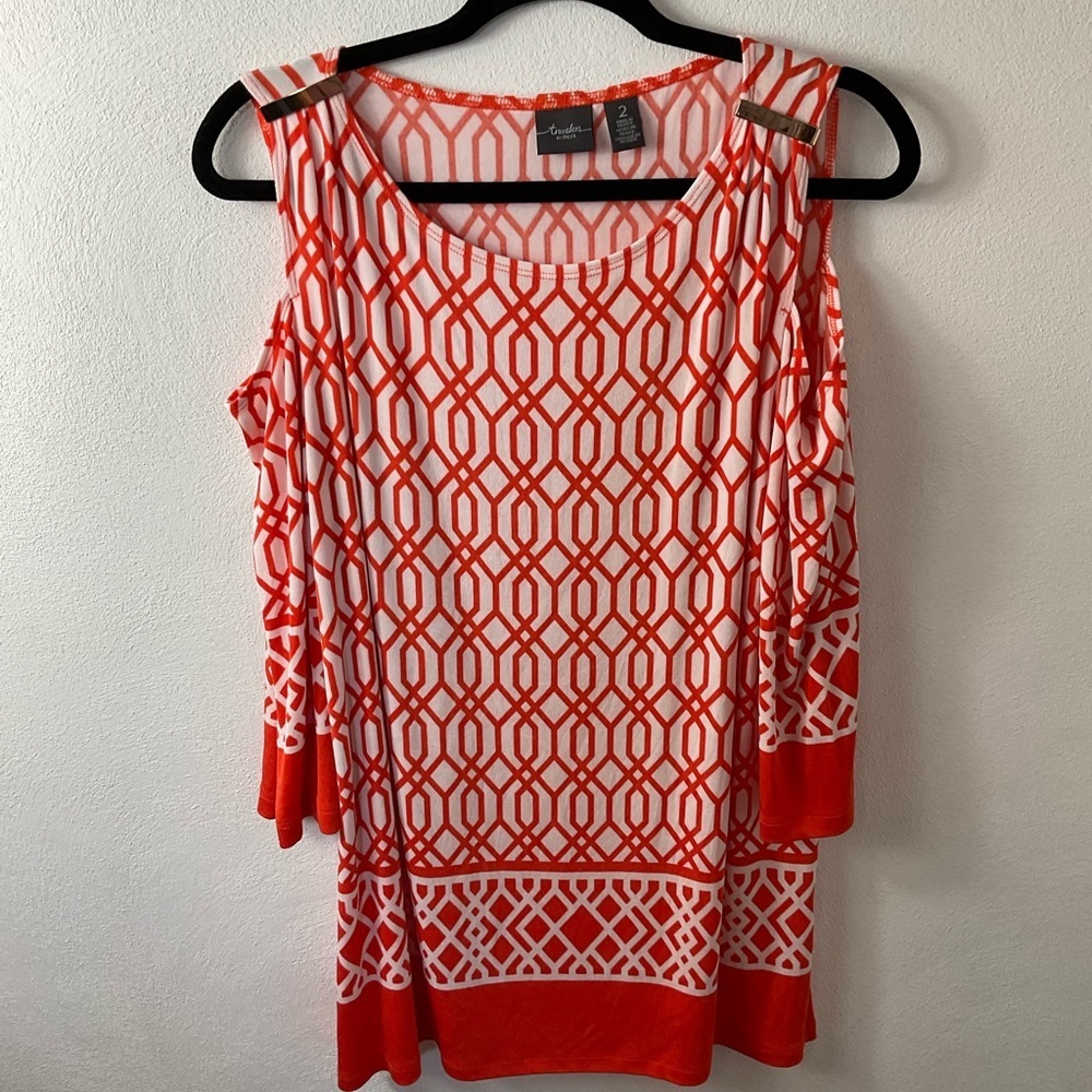 Chico’s Travelers Orange White Cold Shoulder Top Sz 2 L